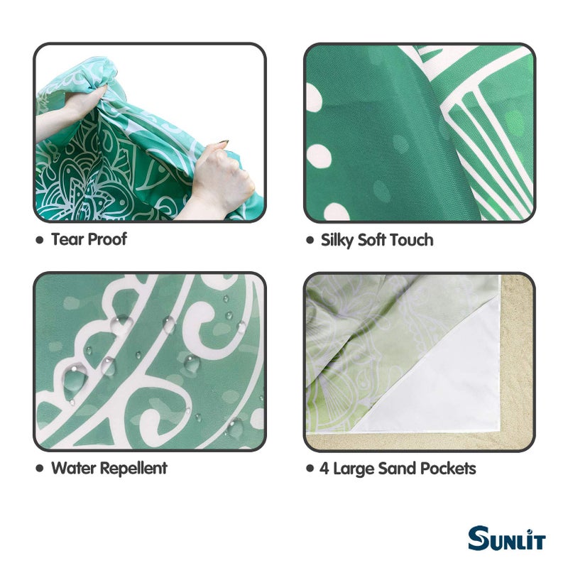 Sunlit Silky Soft 85"x72" Boho Sand Proof Beach Blanket Sand Proof Mat with Corner Pockets and Mesh Bag for Beach Party, Travel, Camping and Outdoor Music Festival, Tiffany Green Mandala - Image 5